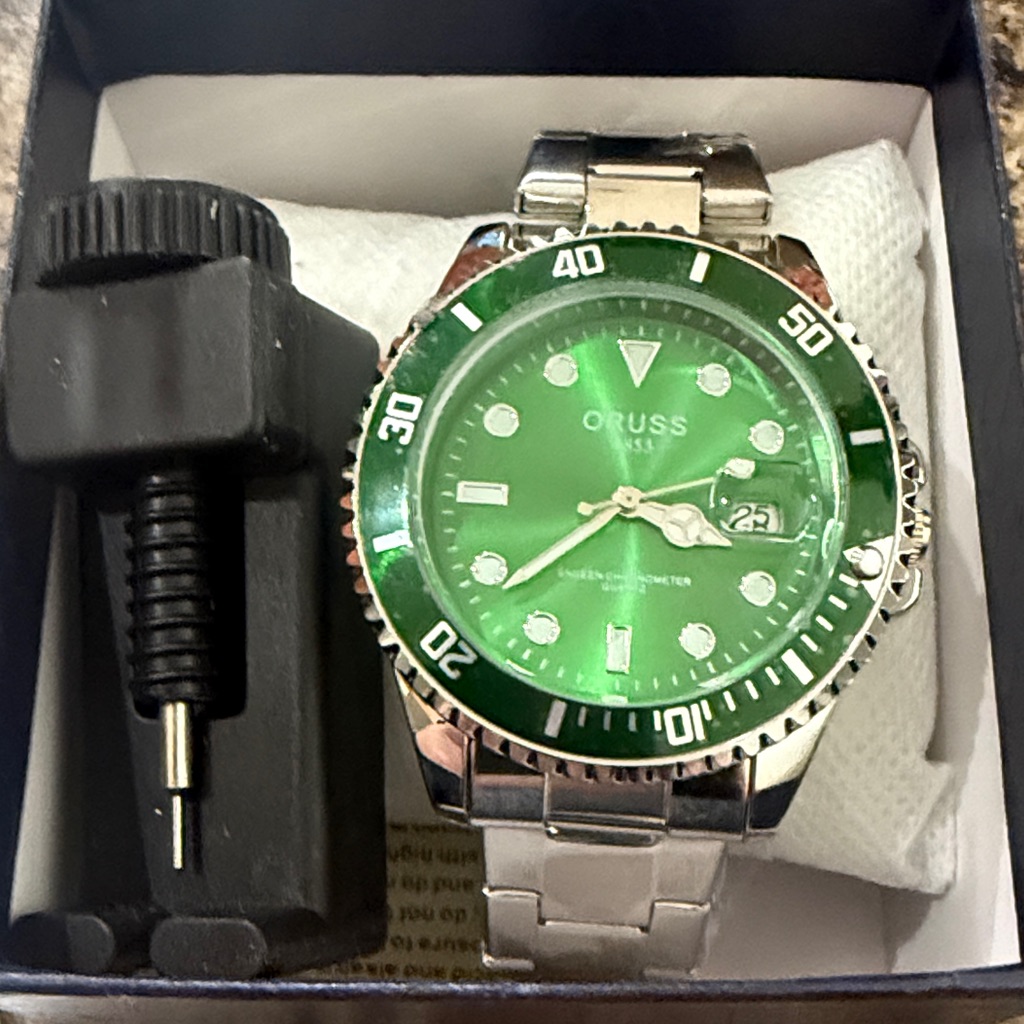 85 Oruss 1853 Mens Watch 40mm SilverGreen Submariner QuartzAutomatic